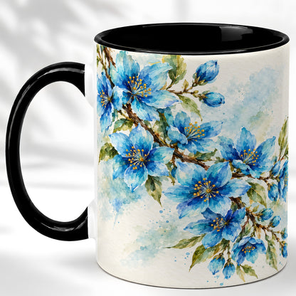 #pl[11oz|Black] Blue Floral Watercolor Coffee Mug, Botanical Blossom Mug, Ceramic Cup