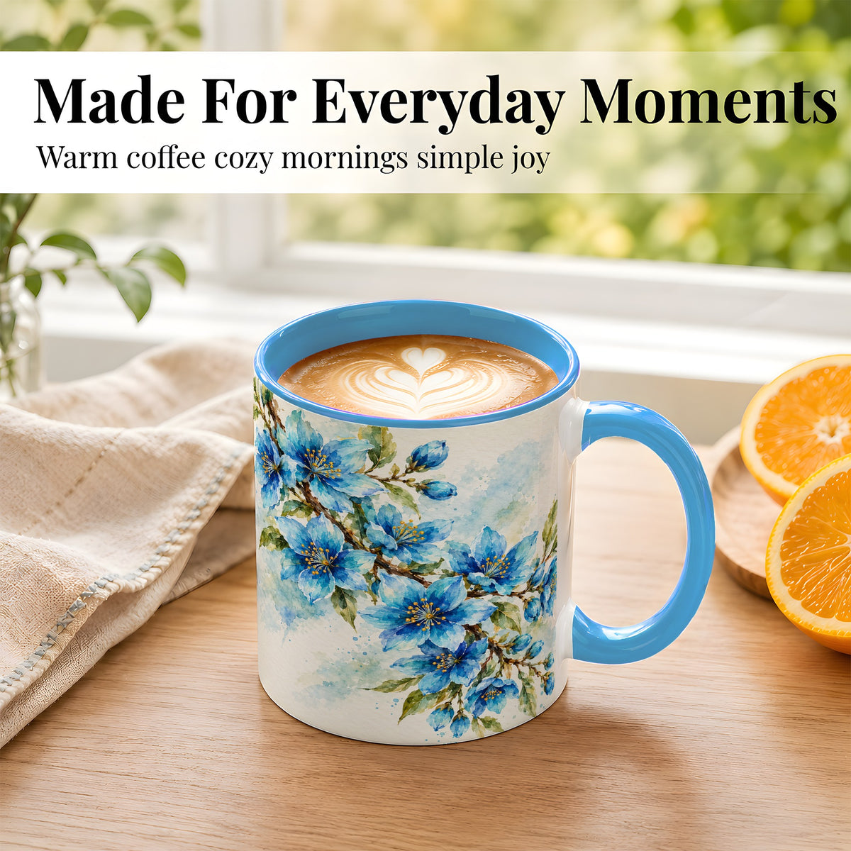 #pl[11oz|Blue] Blue Floral Watercolor Coffee Mug, Botanical Blossom Mug, Ceramic Cup