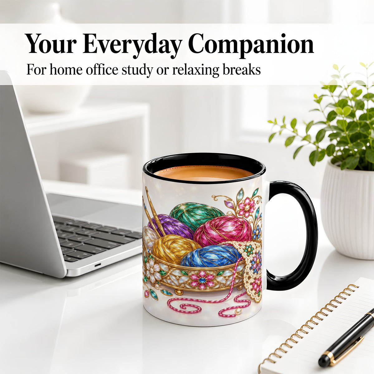 #pl[11oz|Black] Crochet Yarn Ceramic Mug with Floral Craft Art for Crocheters