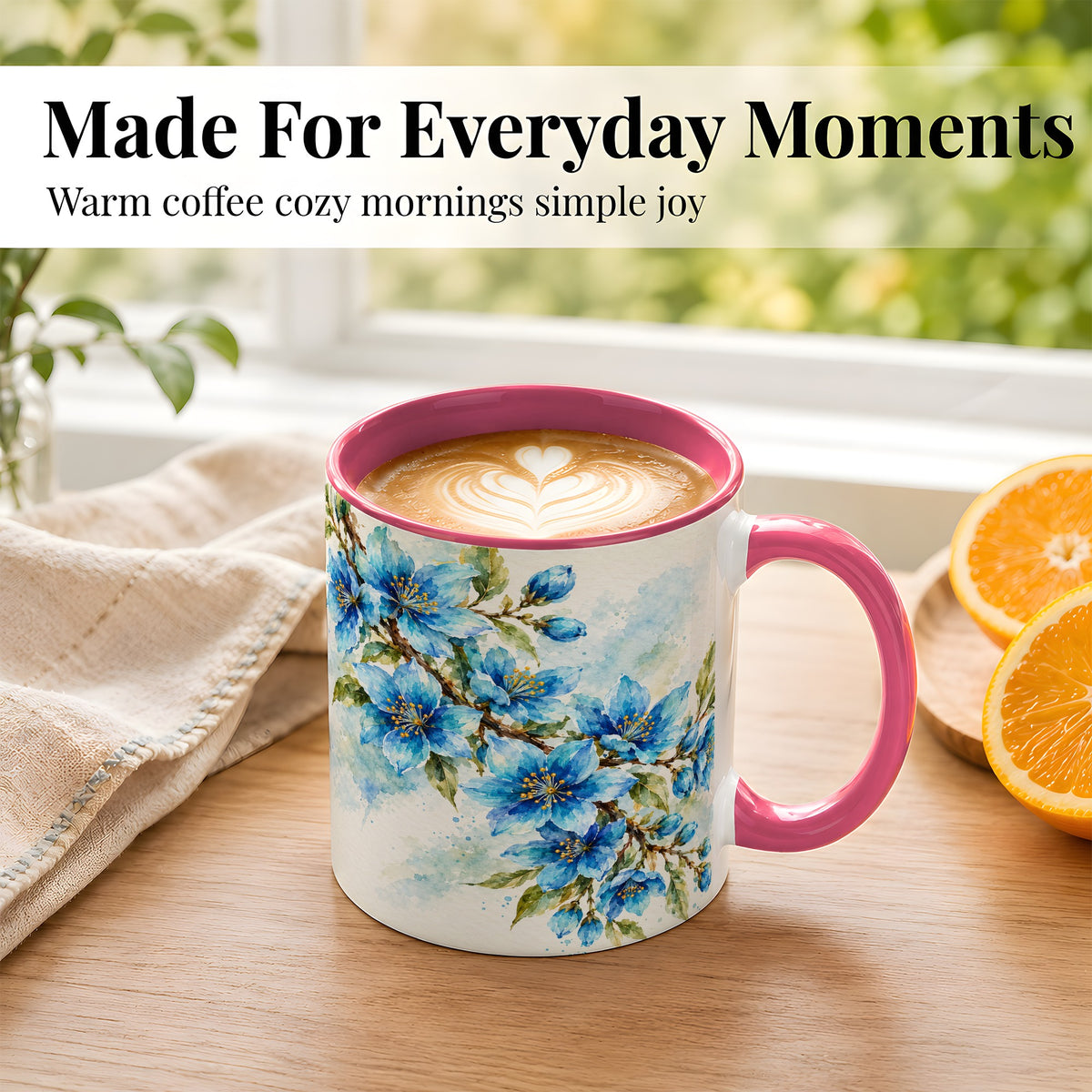 #pl[11oz|Pink] Blue Floral Watercolor Coffee Mug, Botanical Blossom Mug, Ceramic Cup