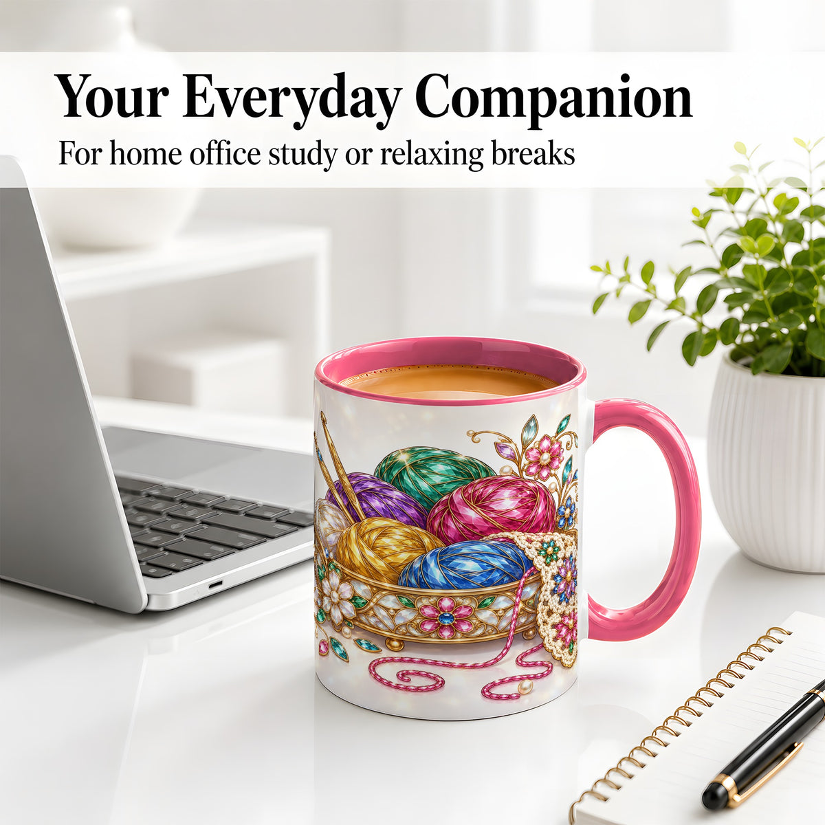 #pl[11oz|Pink] Crochet Yarn Ceramic Mug with Floral Craft Art for Crocheters