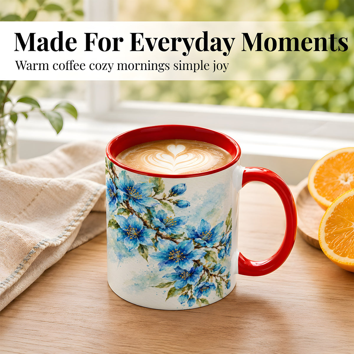 #pl[11oz|Red] Blue Floral Watercolor Coffee Mug, Botanical Blossom Mug, Ceramic Cup