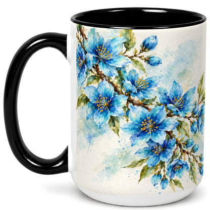 #pl[15oz|Black] Blue Floral Watercolor Coffee Mug, Botanical Blossom Mug, Ceramic Cup