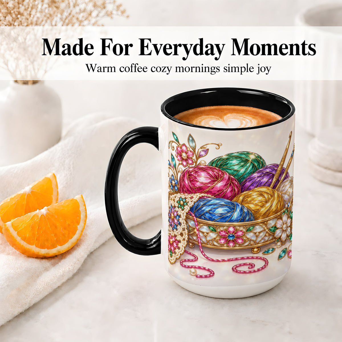 #pl[15oz|Black] Crochet Yarn Ceramic Mug with Floral Craft Art for Crocheters