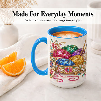 #pl[15oz|Blue] Crochet Yarn Ceramic Mug with Floral Craft Art for Crocheters