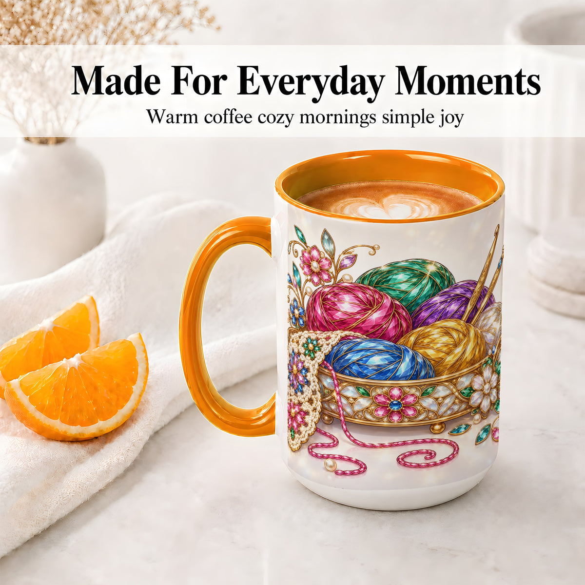 #pl[15oz|Orange] Crochet Yarn Ceramic Mug with Floral Craft Art for Crocheters