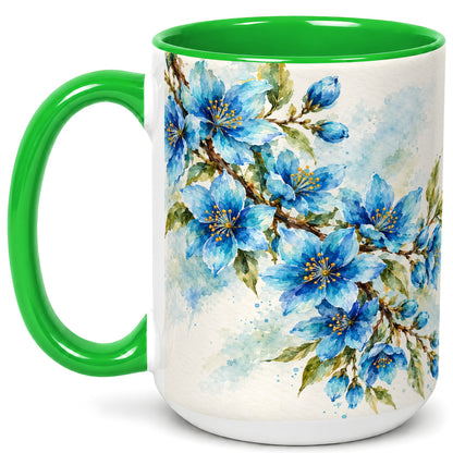 #pl[15oz|Green] Blue Floral Watercolor Coffee Mug, Botanical Blossom Mug, Ceramic Cup