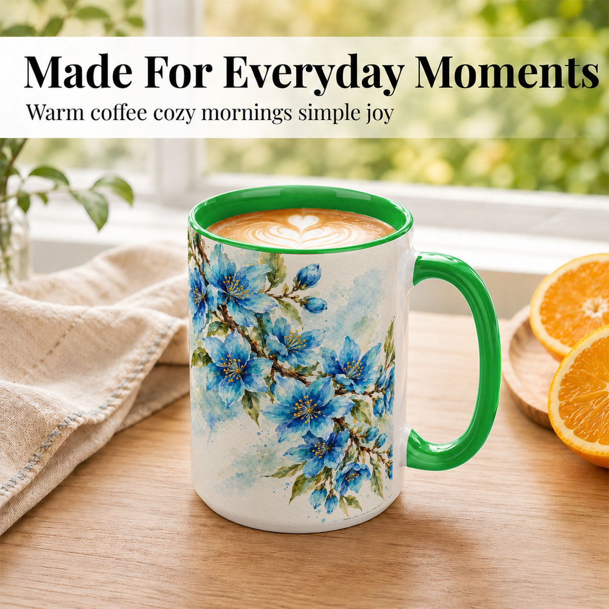 #pl[15oz|Green] Blue Floral Watercolor Coffee Mug, Botanical Blossom Mug, Ceramic Cup