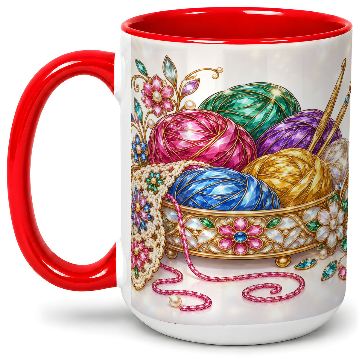 #pl[15oz|Red] Crochet Yarn Ceramic Mug with Floral Craft Art for Crocheters