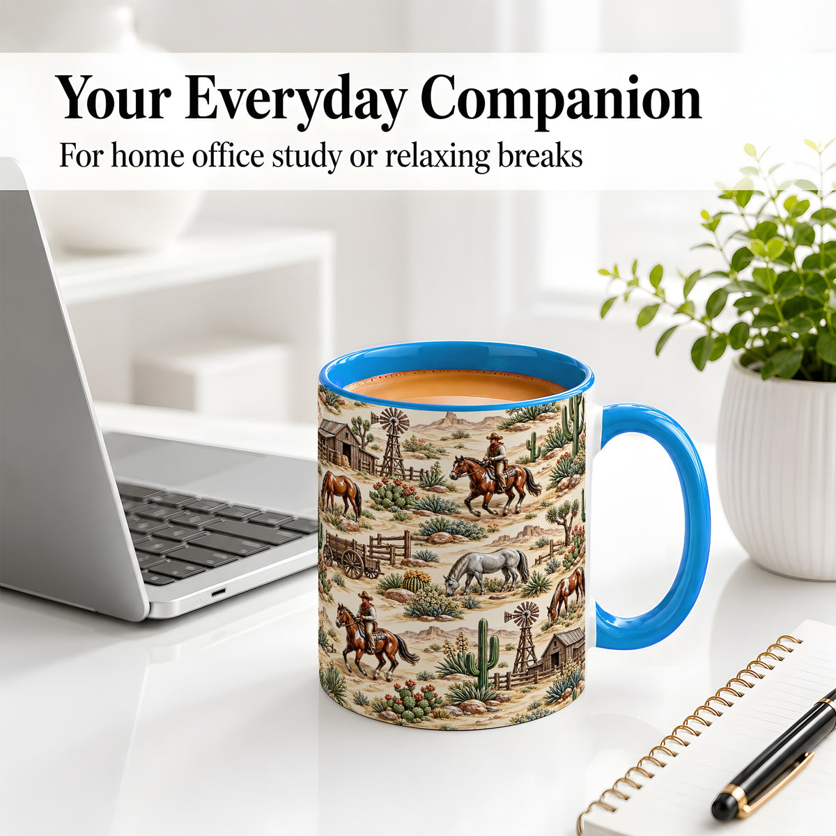 #pl[11oz|Blue] Western Desert Ceramic Mug with Cowboy Ranch Art for Horse Lovers