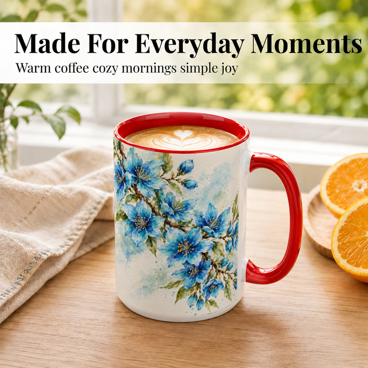 #pl[15oz|Red] Blue Floral Watercolor Coffee Mug, Botanical Blossom Mug, Ceramic Cup