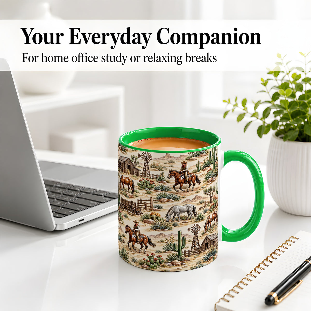 #pl[11oz|Green] Western Desert Ceramic Mug with Cowboy Ranch Art for Horse Lovers