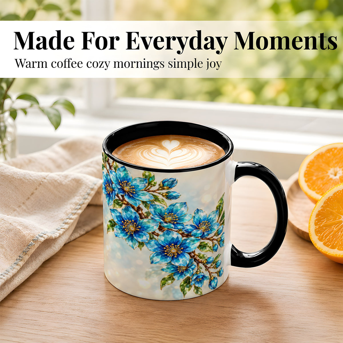 #pl[11oz|Black] Blue Crystal Floral Coffee Mug, Gemstone Blossom Mug, Ceramic Cup