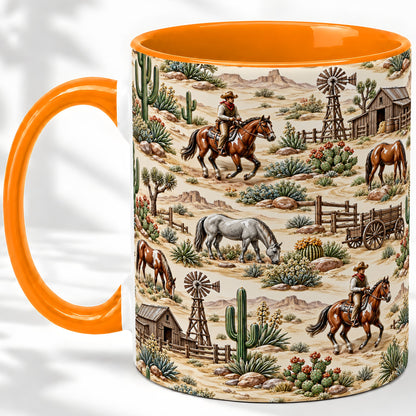#pl[11oz|Orange] Western Desert Ceramic Mug with Cowboy Ranch Art for Horse Lovers