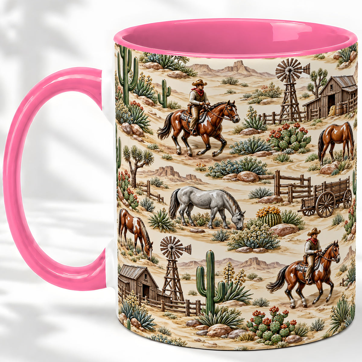 #pl[11oz|Pink] Western Desert Ceramic Mug with Cowboy Ranch Art for Horse Lovers