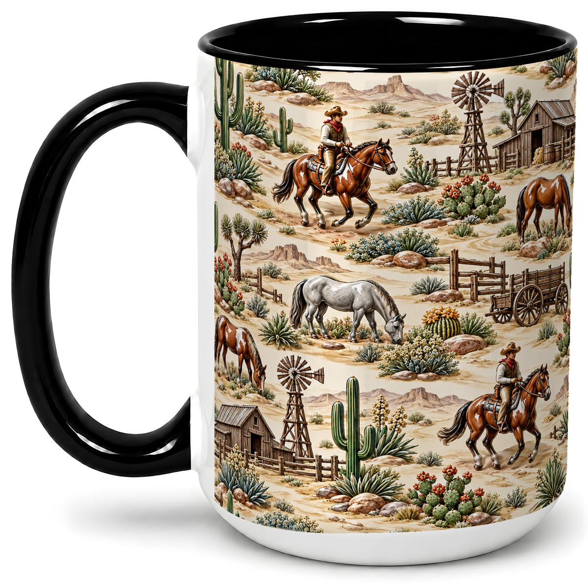#pl[15oz|Black] Western Desert Ceramic Mug with Cowboy Ranch Art for Horse Lovers