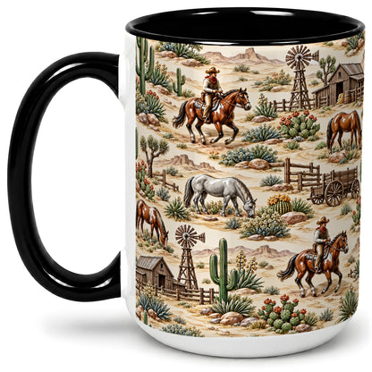 #pl[15oz|Black] Western Desert Ceramic Mug with Cowboy Ranch Art for Horse Lovers