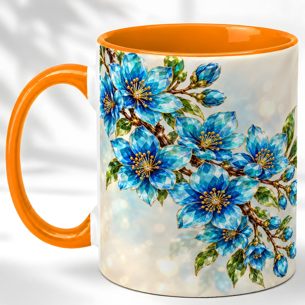 #pl[11oz|Orange] Blue Crystal Floral Coffee Mug, Gemstone Blossom Mug, Ceramic Cup