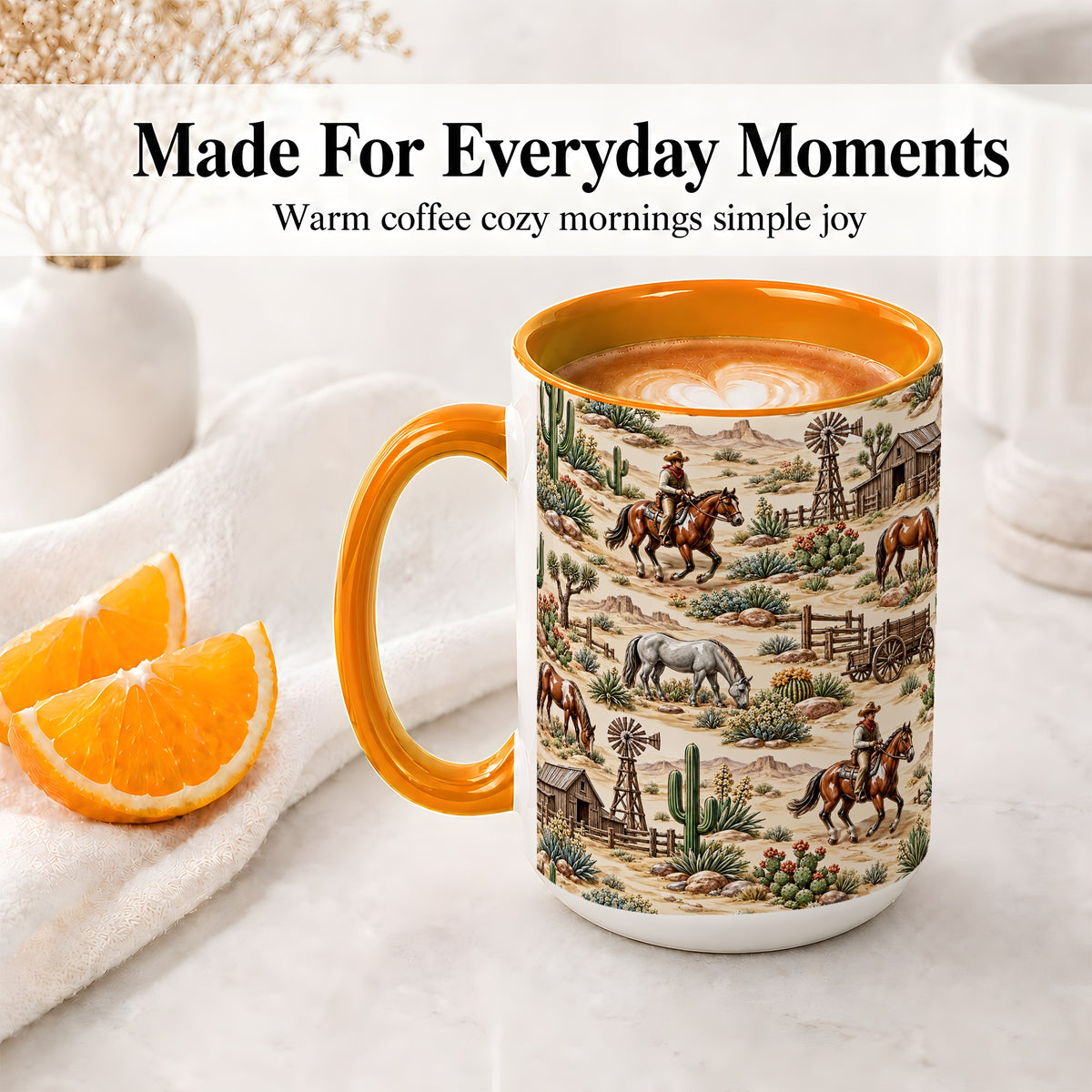 #pl[15oz|Orange] Western Desert Ceramic Mug with Cowboy Ranch Art for Horse Lovers