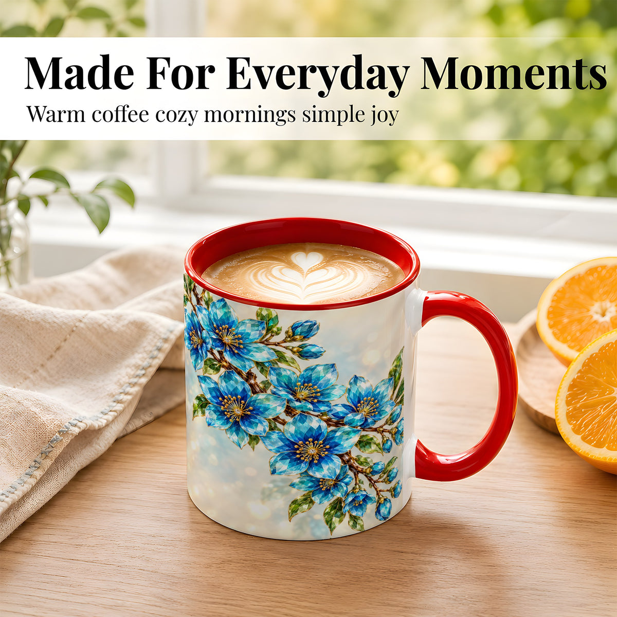 #pl[11oz|Red] Blue Crystal Floral Coffee Mug, Gemstone Blossom Mug, Ceramic Cup