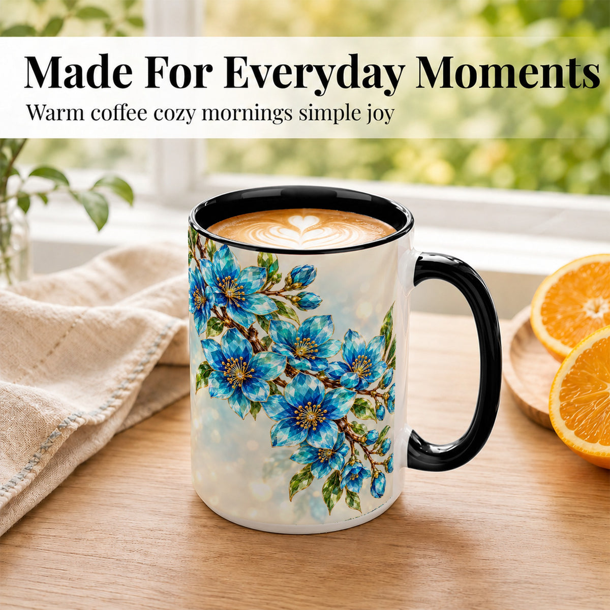 #pl[15oz|Black] Blue Crystal Floral Coffee Mug, Gemstone Blossom Mug, Ceramic Cup