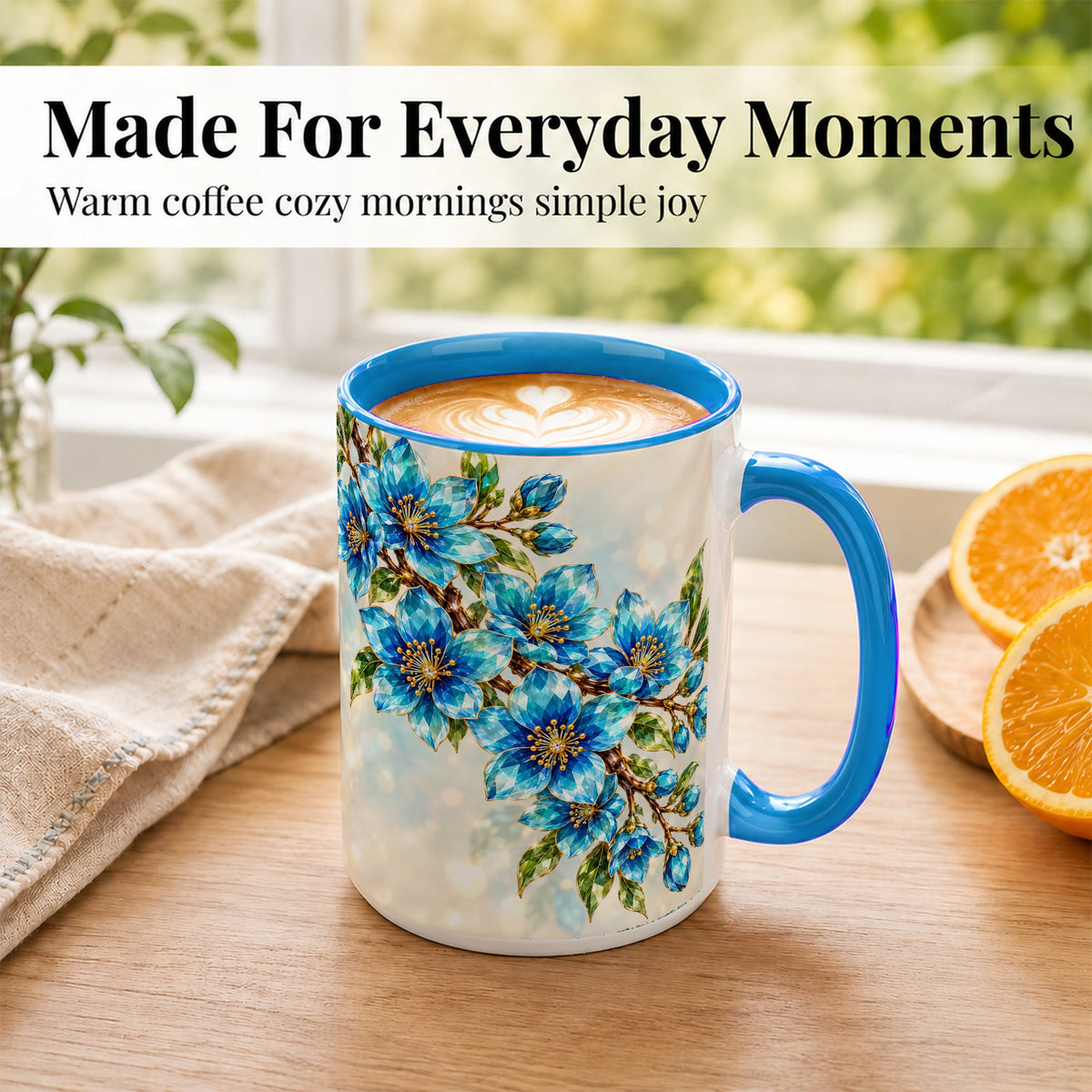 #pl[15oz|Blue] Blue Crystal Floral Coffee Mug, Gemstone Blossom Mug, Ceramic Cup