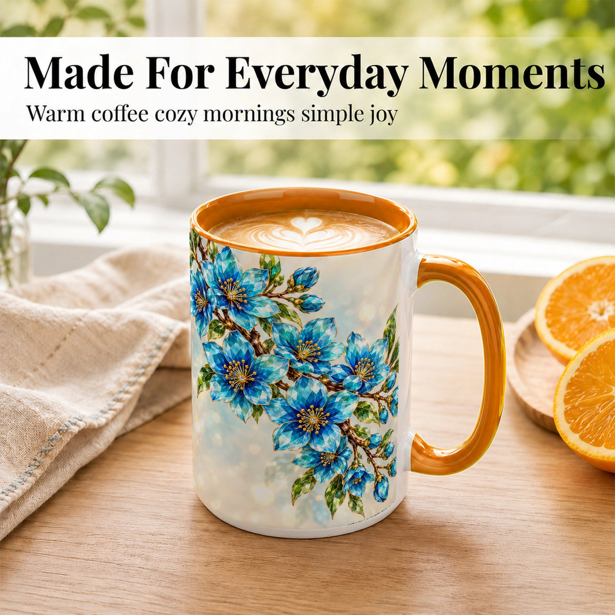#pl[15oz|Orange] Blue Crystal Floral Coffee Mug, Gemstone Blossom Mug, Ceramic Cup