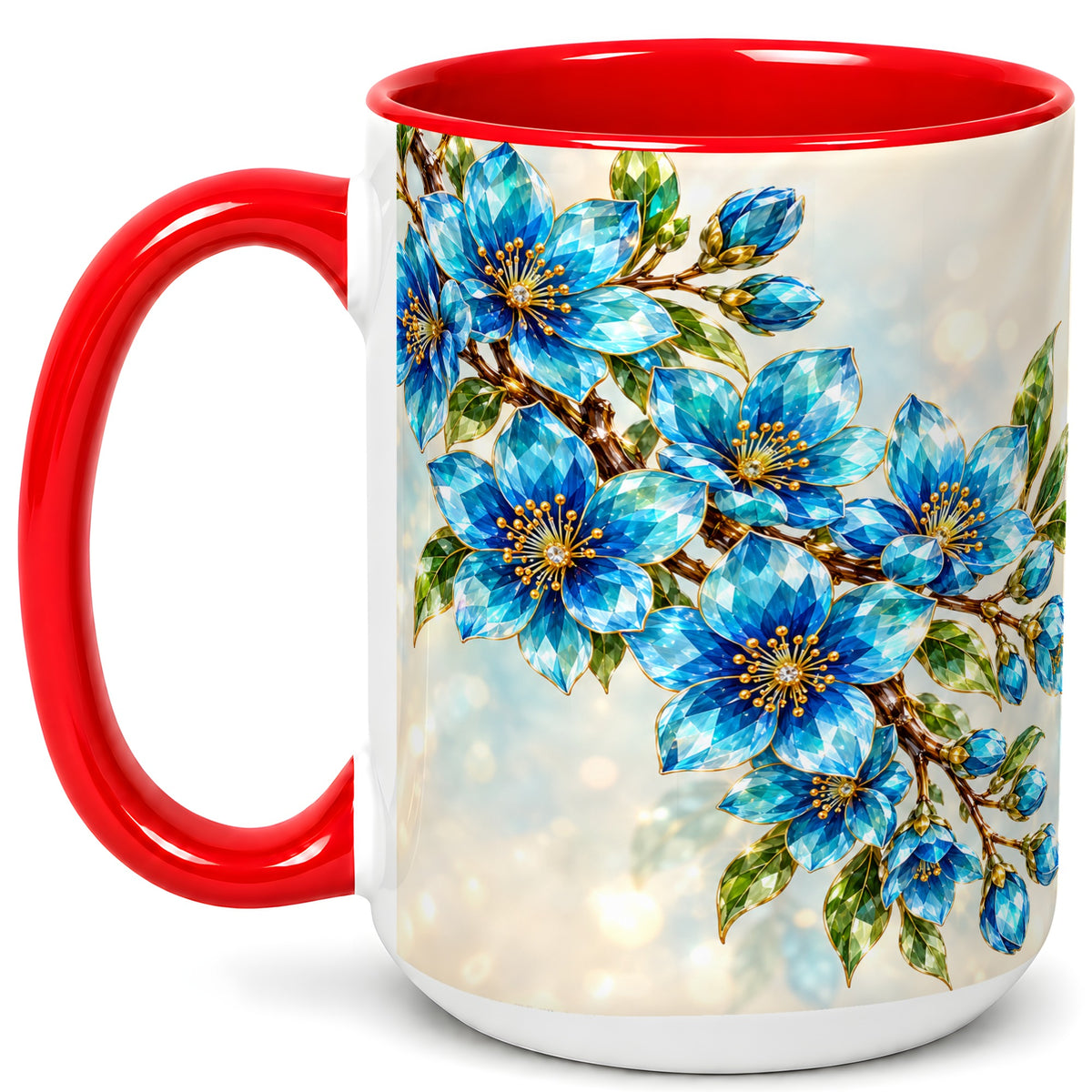 #pl[15oz|Red] Blue Crystal Floral Coffee Mug, Gemstone Blossom Mug, Ceramic Cup
