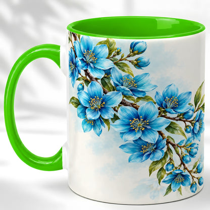 #pl[11oz|Green] Sky Blue Floral Coffee Mug, Soft Botanical Blossom Mug, Ceramic Cup