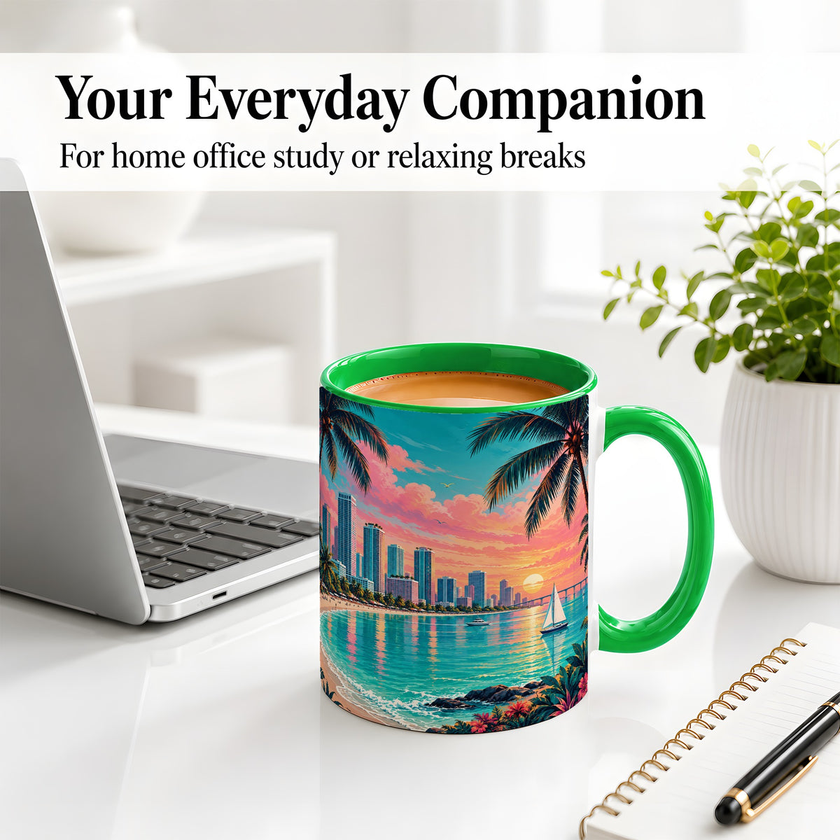 #pl[11oz|Green] Tropical City Beach Ceramic Mug with Sunset Art for Beach Lovers