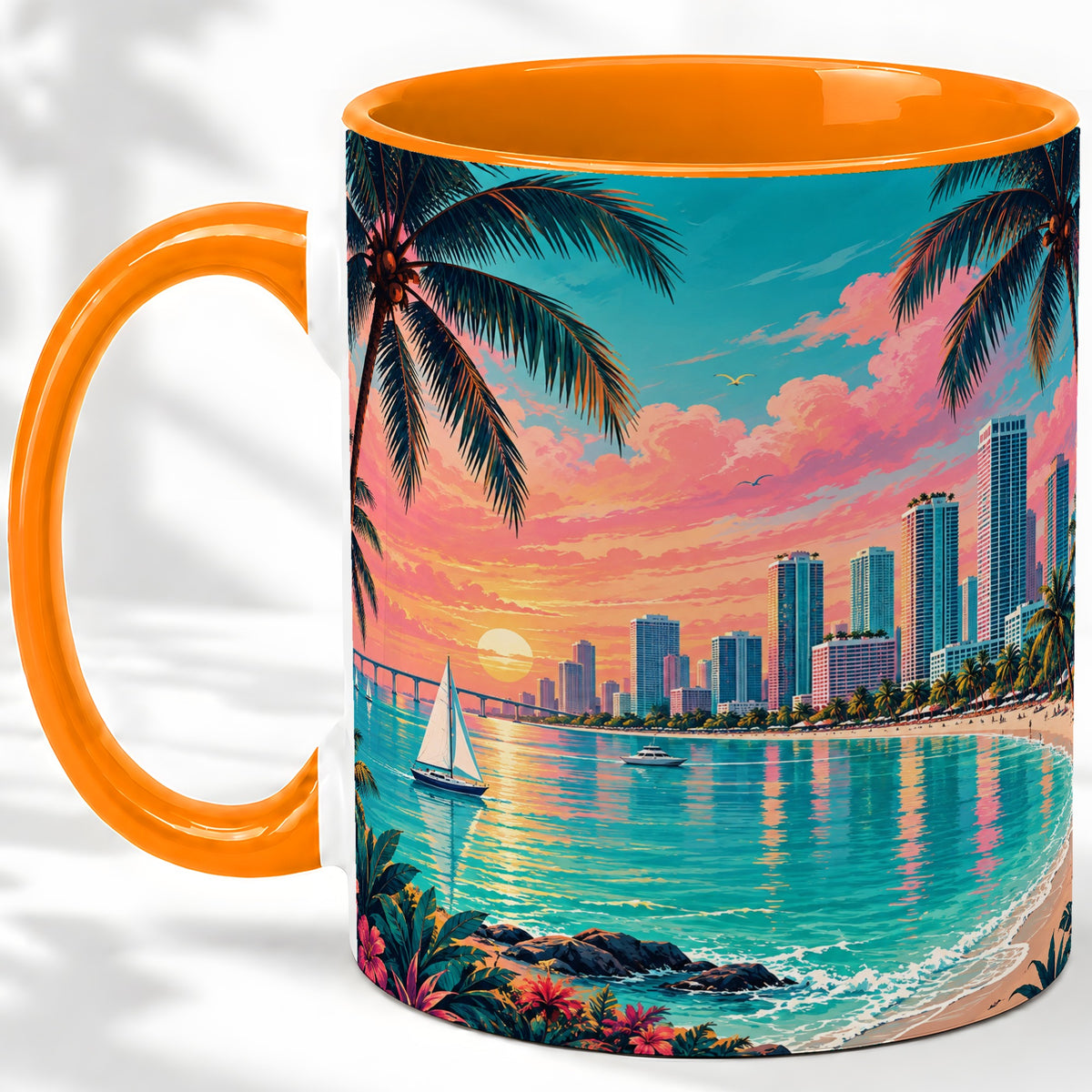 #pl[11oz|Orange] Tropical City Beach Ceramic Mug with Sunset Art for Beach Lovers