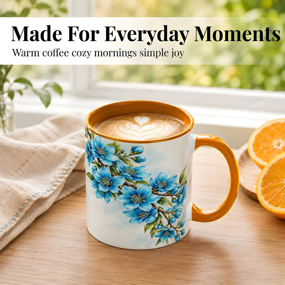 #pl[11oz|Orange] Sky Blue Floral Coffee Mug, Soft Botanical Blossom Mug, Ceramic Cup