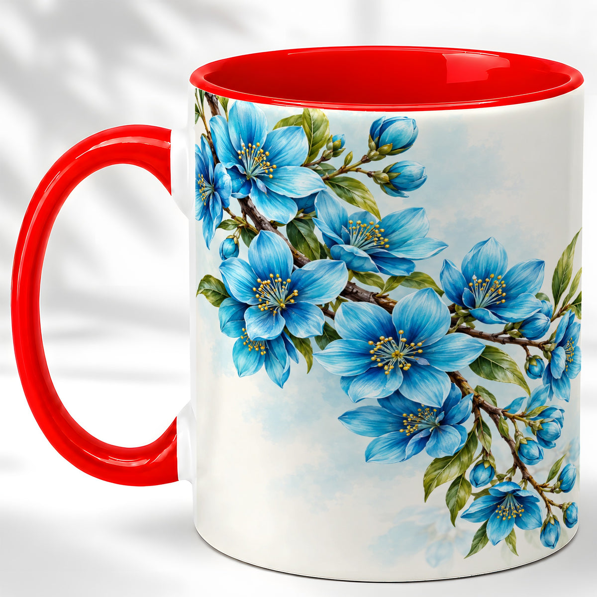 Sky Blue Floral Coffee Mug, Soft Botanical Blossom Mug, Ceramic Cup