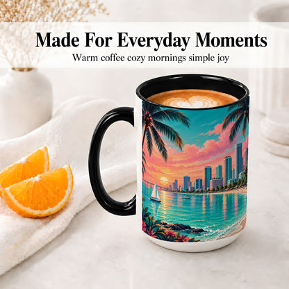 #pl[15oz|Black] Tropical City Beach Ceramic Mug with Sunset Art for Beach Lovers