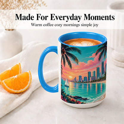 #pl[15oz|Blue] Tropical City Beach Ceramic Mug with Sunset Art for Beach Lovers