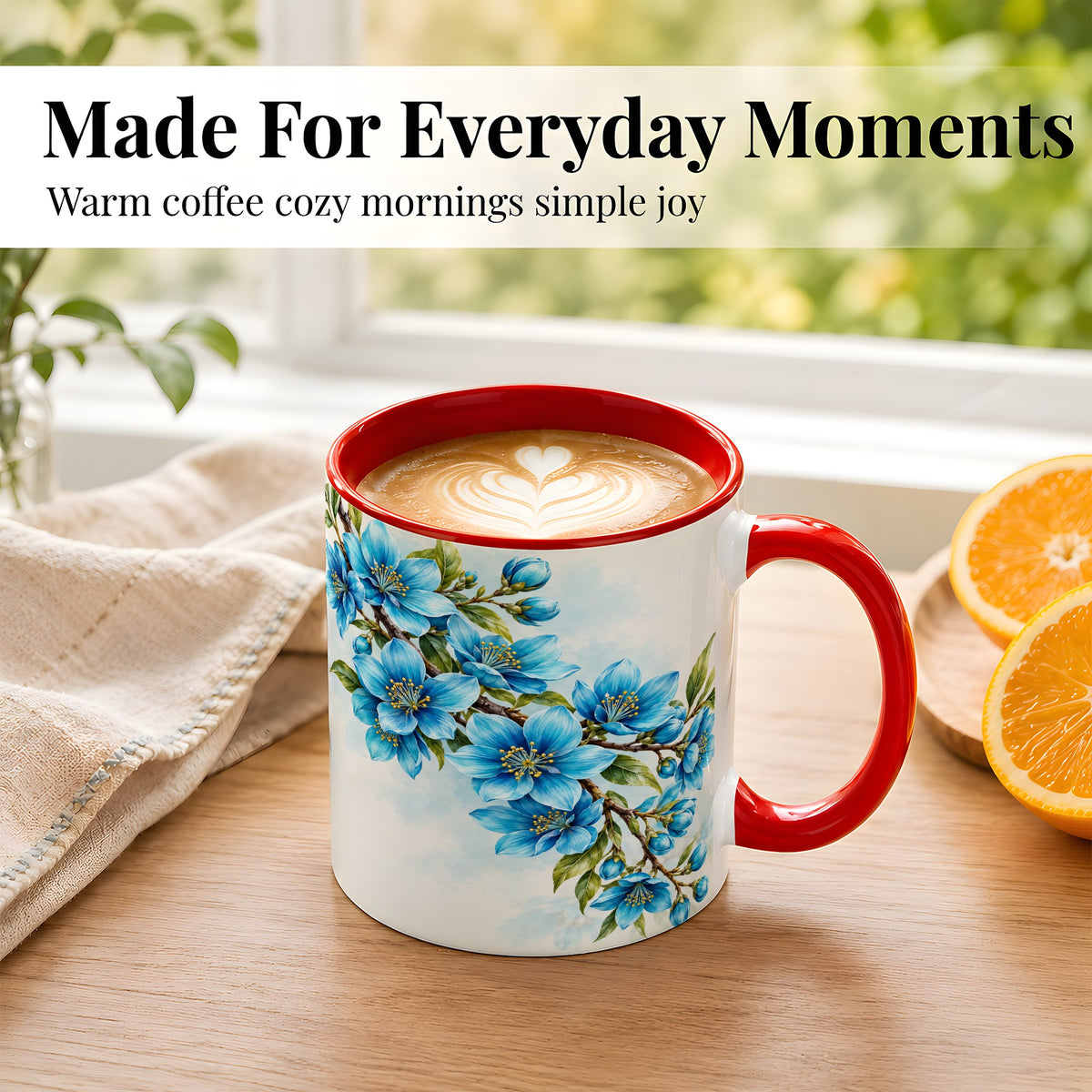 #pl[11oz|Red] Sky Blue Floral Coffee Mug, Soft Botanical Blossom Mug, Ceramic Cup