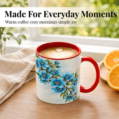 #pl[11oz|Red] Sky Blue Floral Coffee Mug, Soft Botanical Blossom Mug, Ceramic Cup