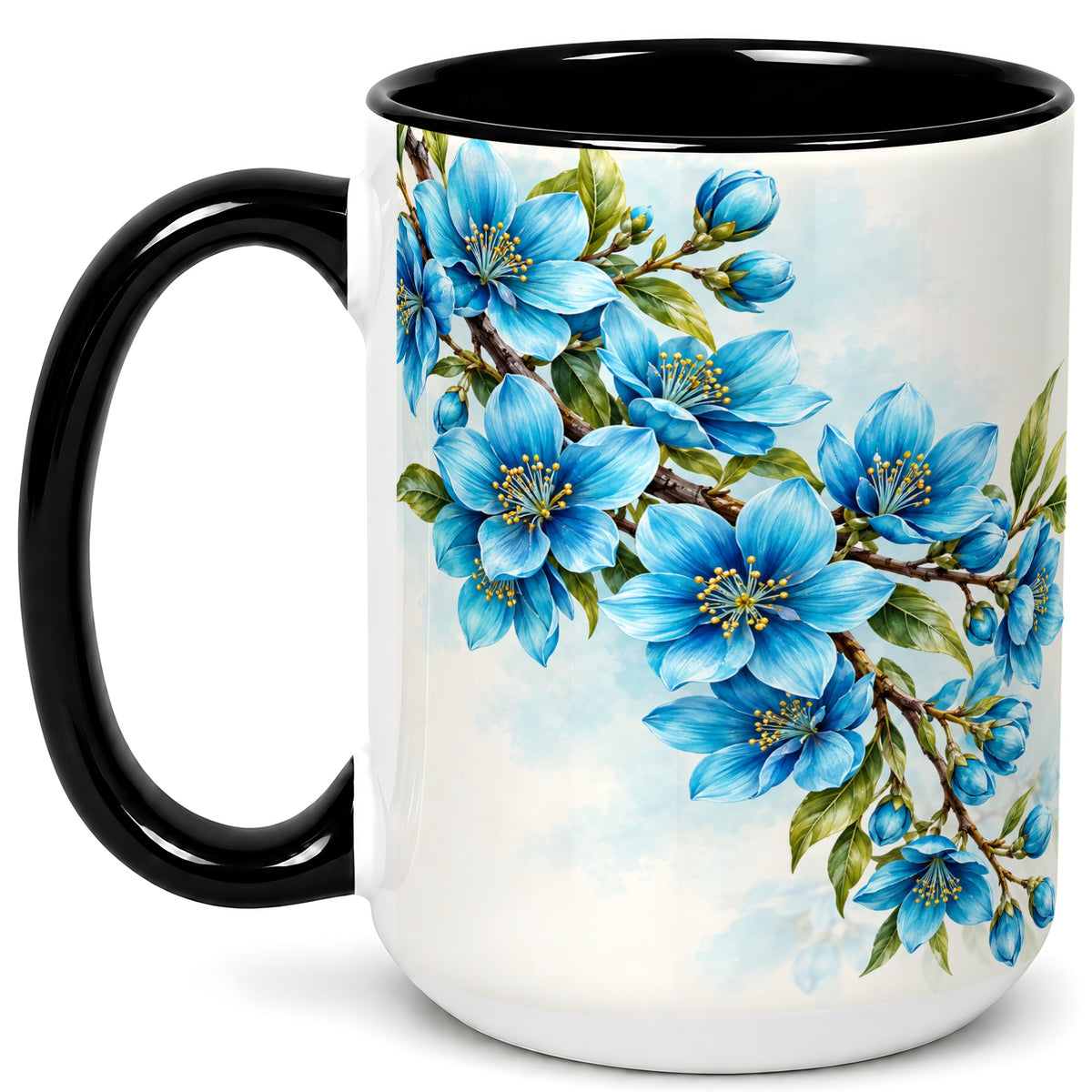 #pl[15oz|Black] Sky Blue Floral Coffee Mug, Soft Botanical Blossom Mug, Ceramic Cup