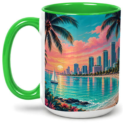 #pl[15oz|Green] Tropical City Beach Ceramic Mug with Sunset Art for Beach Lovers