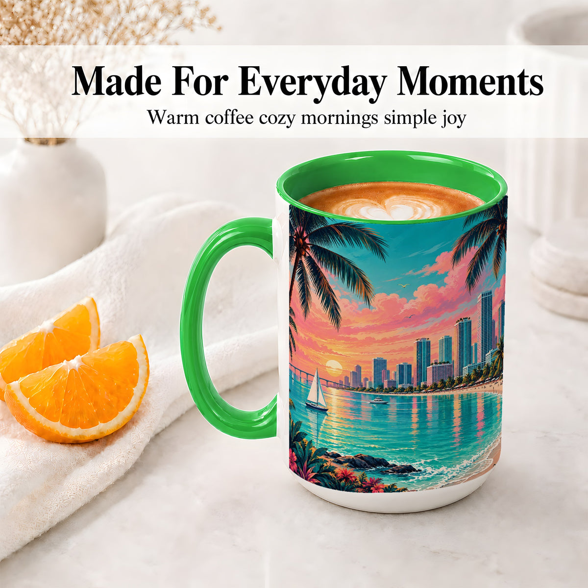 #pl[15oz|Green] Tropical City Beach Ceramic Mug with Sunset Art for Beach Lovers