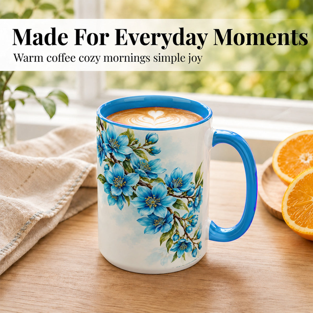 #pl[15oz|Blue] Sky Blue Floral Coffee Mug, Soft Botanical Blossom Mug, Ceramic Cup