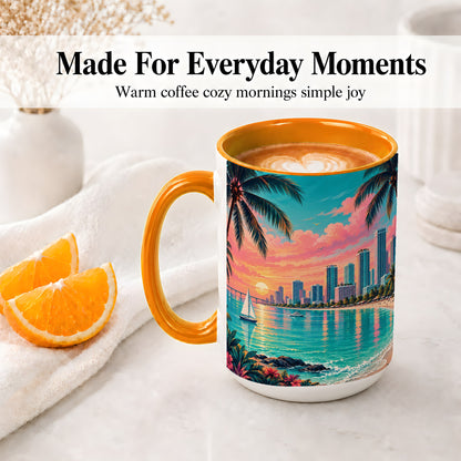 #pl[15oz|Orange] Tropical City Beach Ceramic Mug with Sunset Art for Beach Lovers