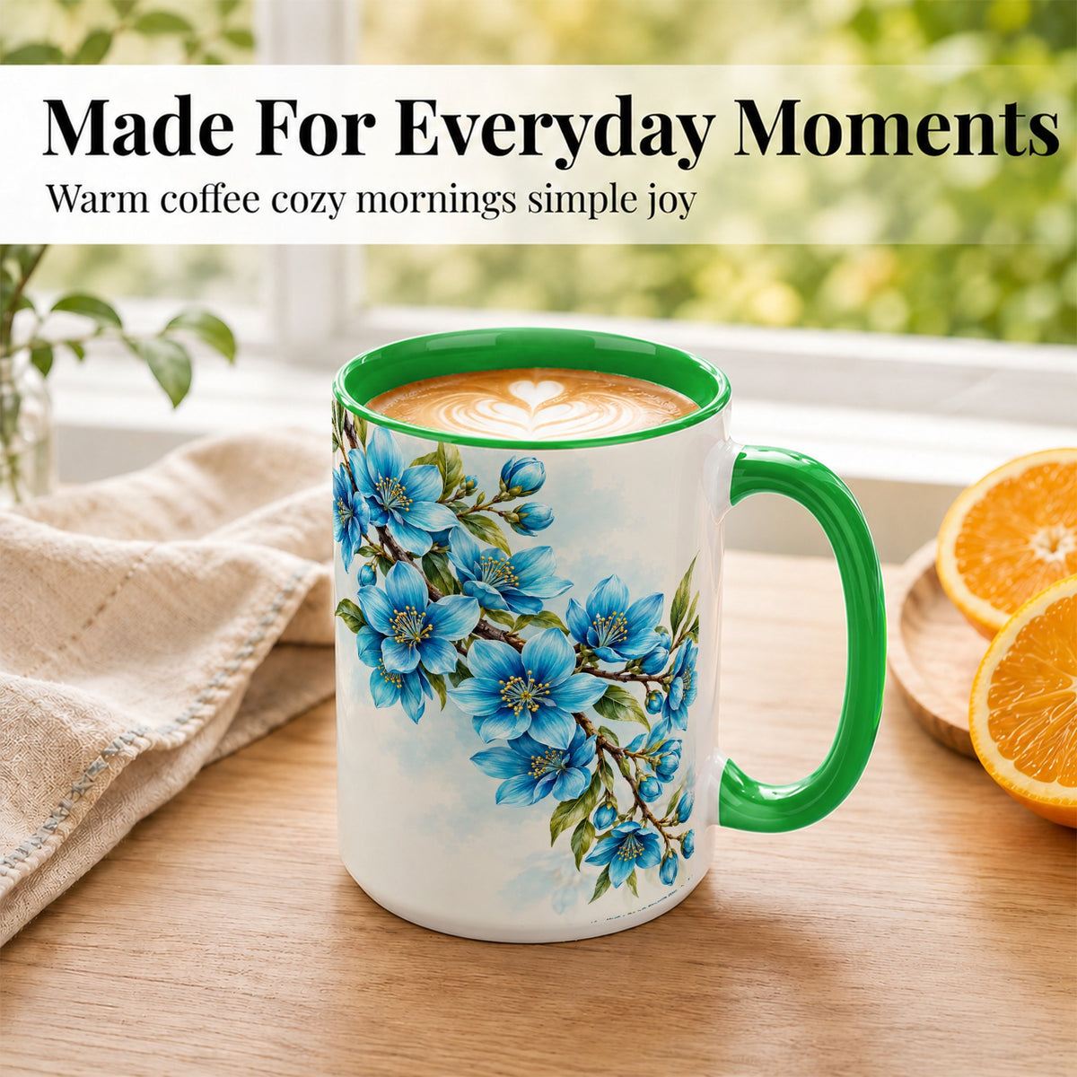 #pl[15oz|Green] Sky Blue Floral Coffee Mug, Soft Botanical Blossom Mug, Ceramic Cup