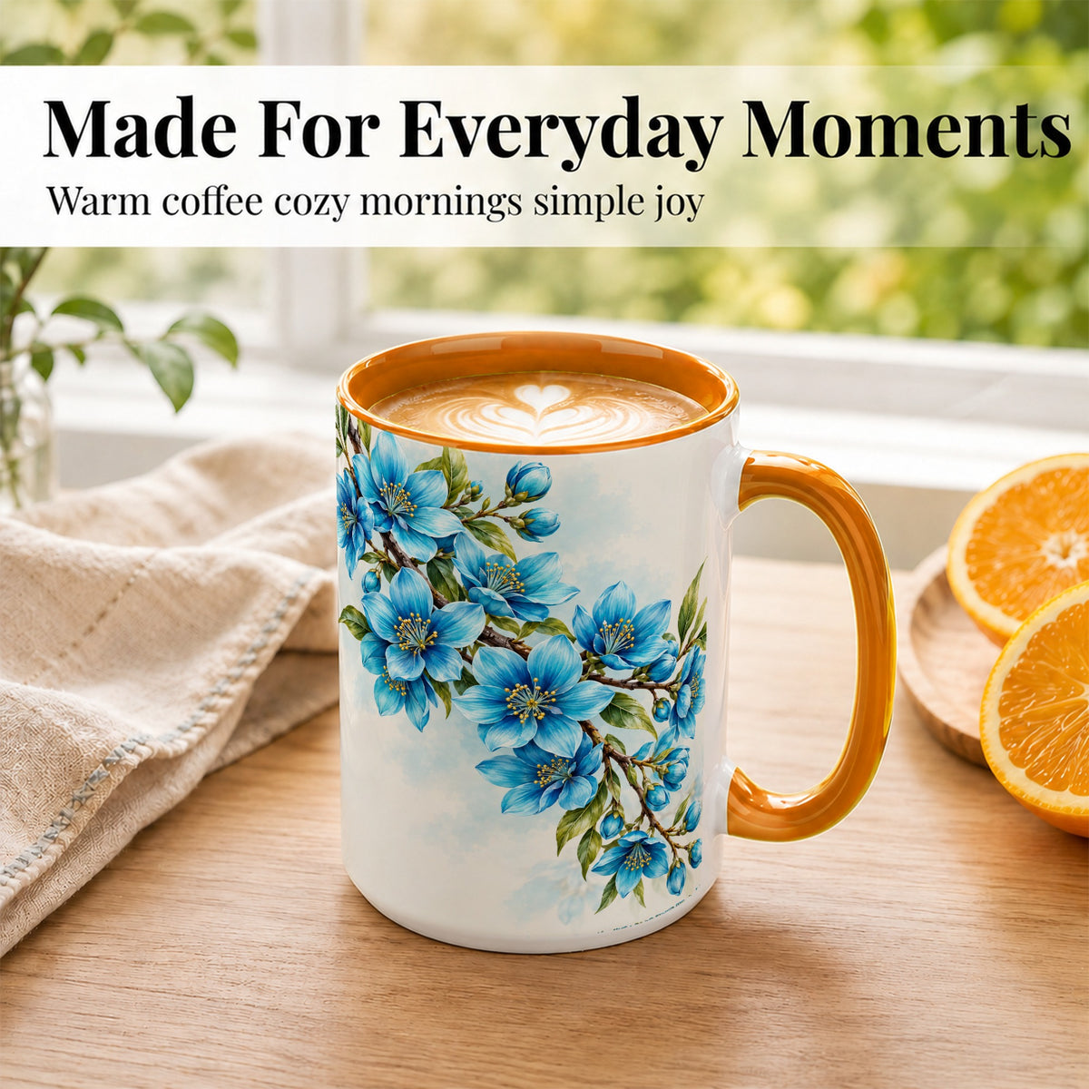 #pl[15oz|Orange] Sky Blue Floral Coffee Mug, Soft Botanical Blossom Mug, Ceramic Cup