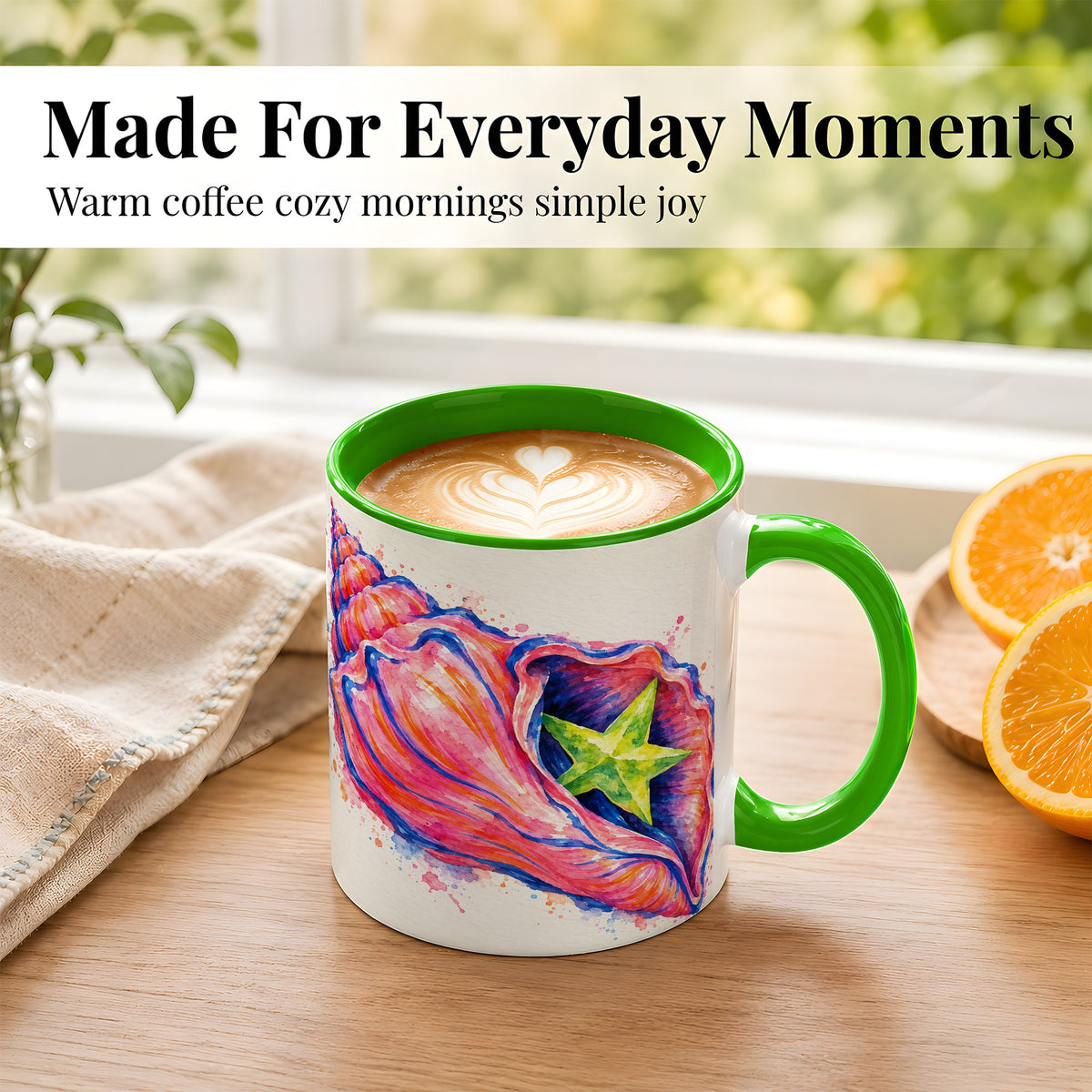 #pl[11oz|Green] Pink Seashell Coffee Mug, Colorful Conch Shell Mug, Ceramic Cup
