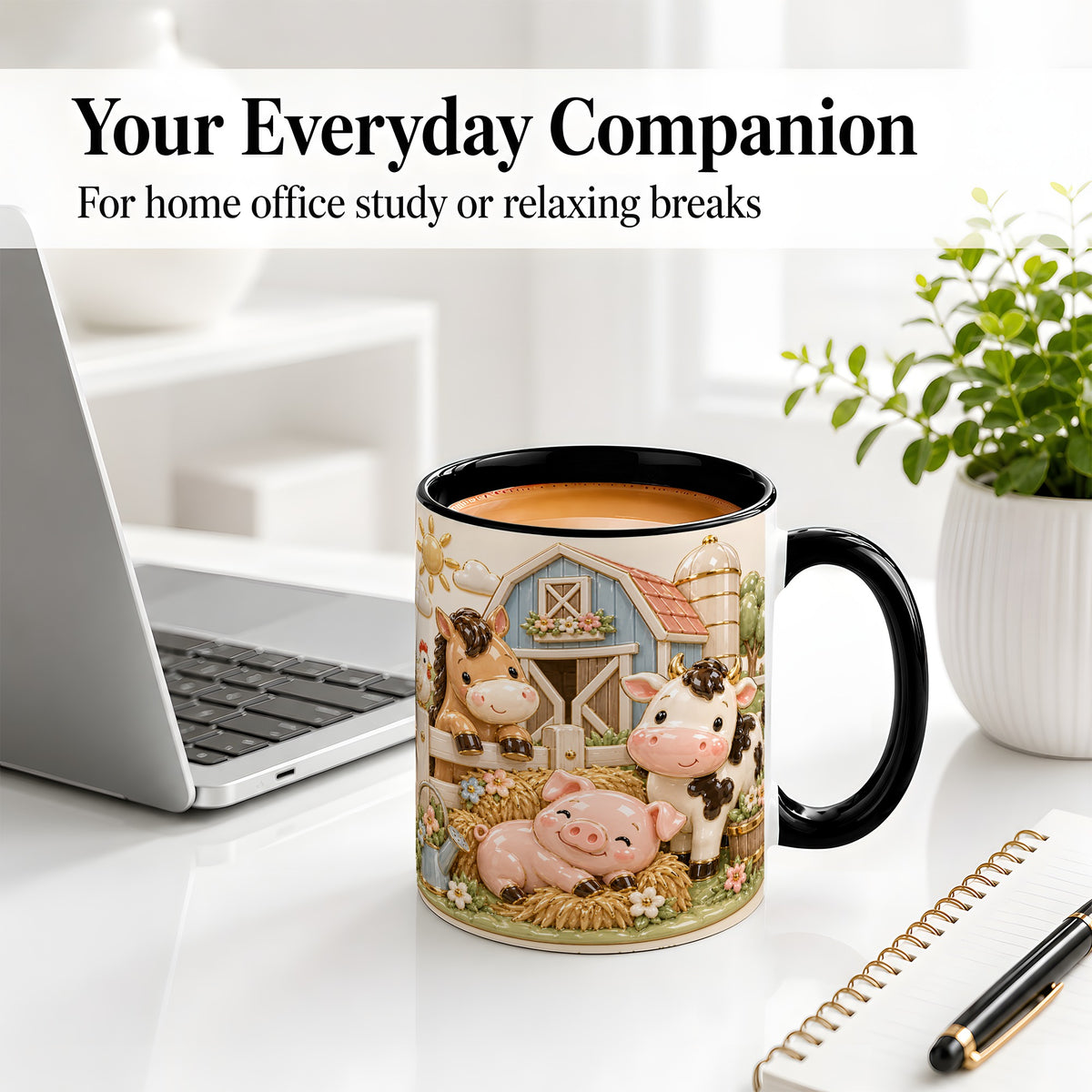 #pl[11oz|Black] Cute Farm Animals Ceramic Mug with Barnyard Art for Farm Lovers