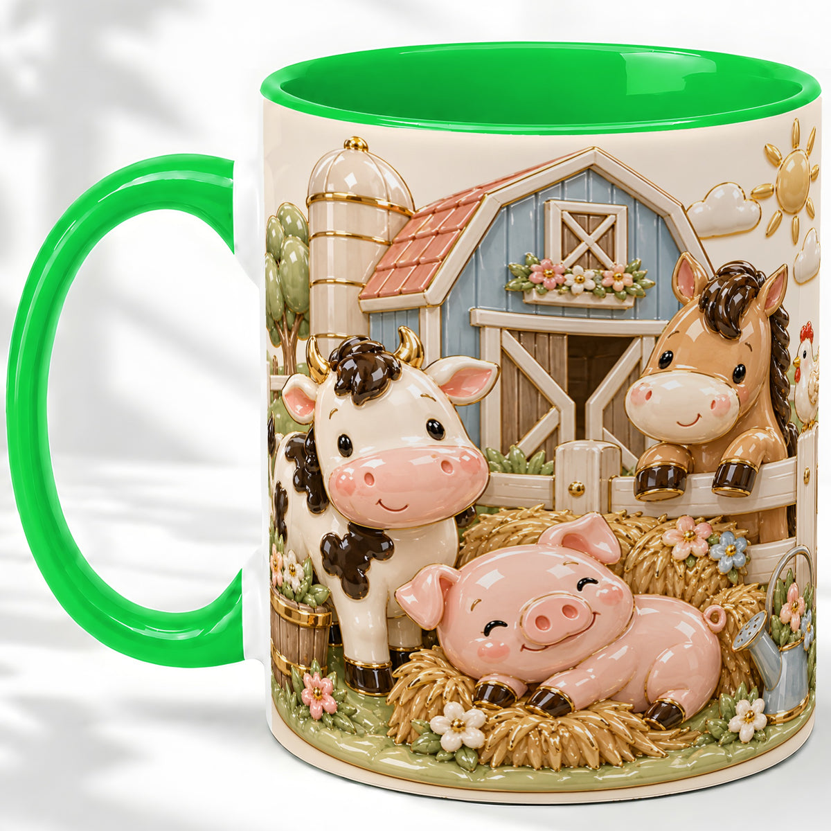 #pl[11oz|Green] Cute Farm Animals Ceramic Mug with Barnyard Art for Farm Lovers