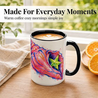 #pl[15oz|Black] Pink Seashell Coffee Mug, Colorful Conch Shell Mug, Ceramic Cup