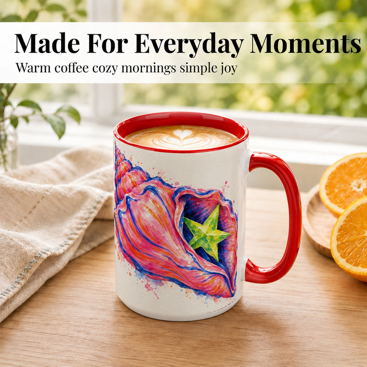 #pl[15oz|Red] Pink Seashell Coffee Mug, Colorful Conch Shell Mug, Ceramic Cup