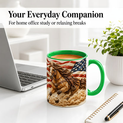 #pl[11oz|Green] Patriotic Horse Ceramic Mug with American Flag Equestrian Artwork